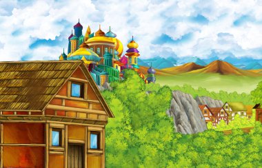 Çocuklar için orman ve çiftlik köyü yakınlarındaki krallık şatosu ve dağ vadisiyle karikatür sahnesi