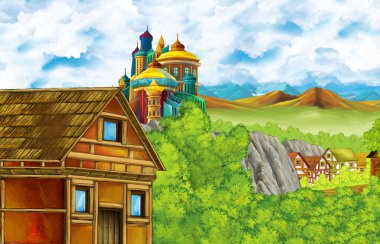 Çocuklar için orman ve çiftlik köyü yakınlarındaki krallık şatosu ve dağ vadisiyle karikatür sahnesi