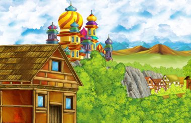 Çocuklar için orman ve çiftlik köyü yakınlarındaki krallık şatosu ve dağ vadisiyle karikatür sahnesi