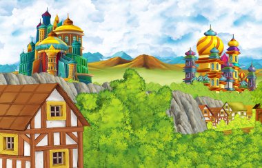 Çocuklar için orman ve çiftlik köyü yakınlarındaki krallık şatosu ve dağ vadisiyle karikatür sahnesi