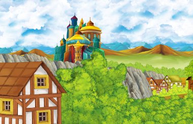Çocuklar için orman ve çiftlik köyü yakınlarındaki krallık şatosu ve dağ vadisiyle karikatür sahnesi