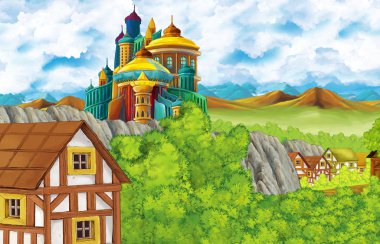 Çocuklar için orman ve çiftlik köyü yakınlarındaki krallık şatosu ve dağ vadisiyle karikatür sahnesi