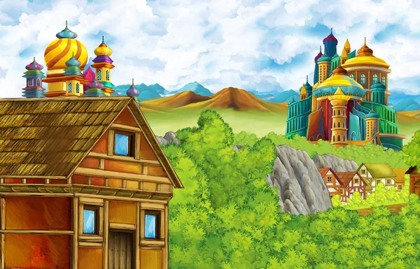 Cartoon scene with kingdom castle and mountains valley near the forest and farm village illustration for children — Stock Photo, Image