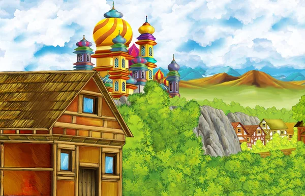 Cartoon scene with kingdom castle and mountains valley near the forest and farm village illustration for children — ストック写真