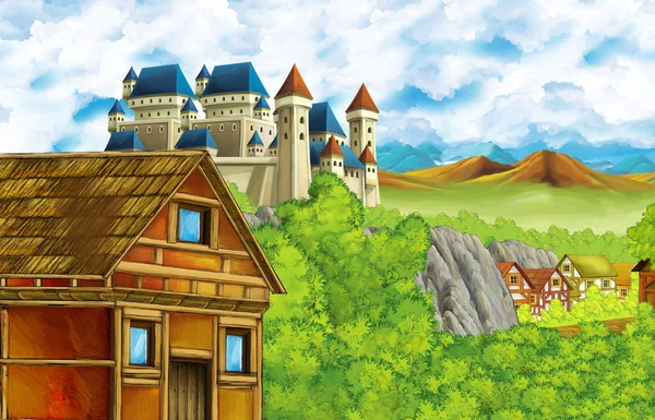 Cartoon scene with kingdom castle and mountains valley near the forest and farm village illustration for children — ストック写真