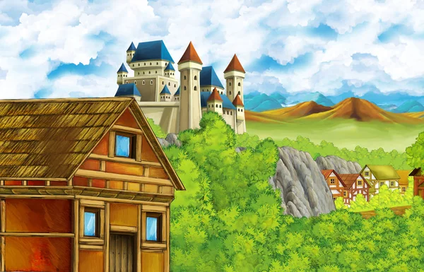 Cartoon scene with kingdom castle and mountains valley near the forest and farm village illustration for children — Stock Photo, Image