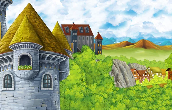 Scène de dessin animé avec château royaume et vallée de montagnes près de la forêt et illustration de village agricole pour les enfants — Photo