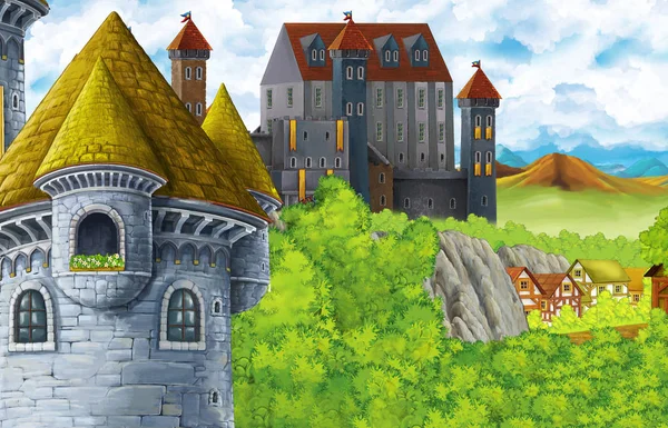 Cartoon scene met koninkrijk kasteel en bergen vallei in de buurt van het bos en boerderij dorp illustratie voor kinderen — Stockfoto