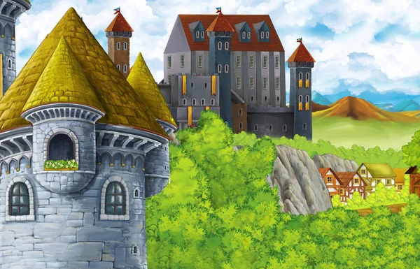 Cartoon scene with kingdom castle and mountains valley near the forest and farm village illustration for children — Stock Photo, Image