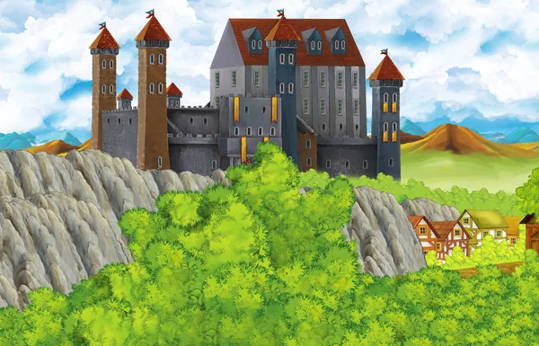 Cartoon scene with kingdom castle and mountains valley near the forest and farm village illustration for children — Stock Photo, Image