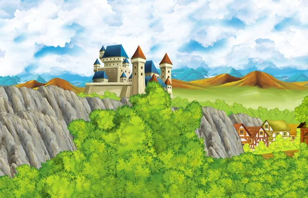 Cartoon scene with kingdom castle and mountains valley near the forest and farm village illustration for children — ストック写真