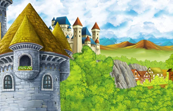 Scena cartone animato con castello regno e montagna valle vicino alla foresta e fattoria villaggio illustrazione per bambini — Foto Stock