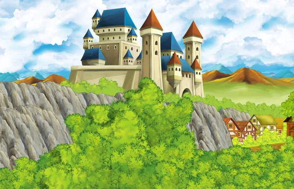 Scena cartone animato con castello regno e montagna valle vicino alla foresta e fattoria villaggio illustrazione per bambini — Foto Stock