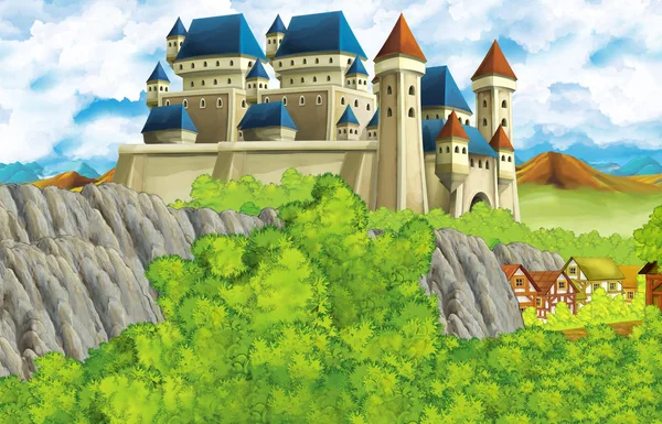 Cartoon scene with kingdom castle and mountains valley near the forest and farm village illustration for children — ストック写真