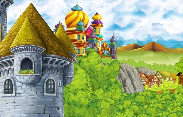 Cartoon scene with kingdom castle and mountains valley near the forest and farm village illustration for children — Stock Photo, Image
