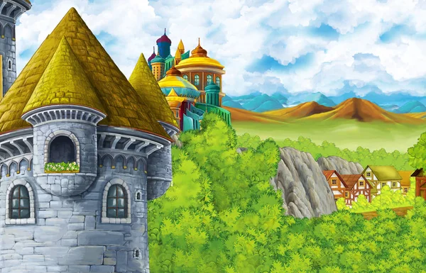 Scena cartone animato con castello regno e montagna valle vicino alla foresta e fattoria villaggio illustrazione per bambini — Foto Stock