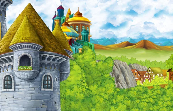 Escena de dibujos animados con reino castillo y montaña valle cerca del bosque y granja aldea ilustración para niños — Foto de Stock