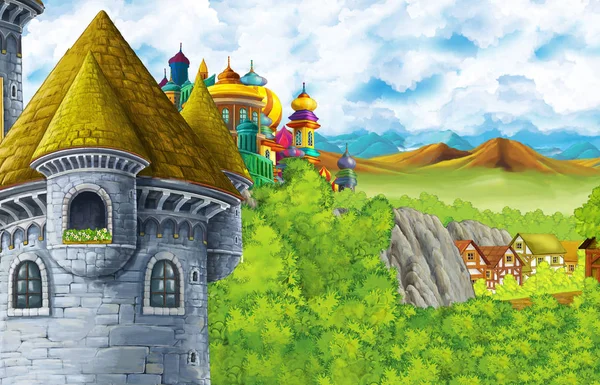 Scène de dessin animé avec château royaume et vallée de montagnes près de la forêt et illustration de village agricole pour les enfants — Photo