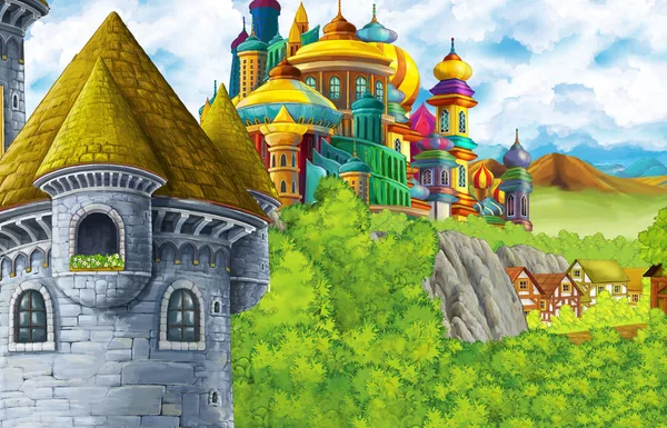 Cena dos desenhos animados com castelo reino e montanhas vale perto da floresta e fazenda aldeia ilustração para crianças — Fotografia de Stock