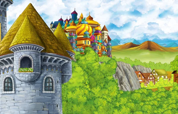 Escena de dibujos animados con reino castillo y montaña valle cerca del bosque y granja aldea ilustración para niños — Foto de Stock