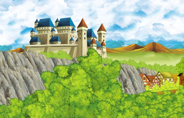 Cartoon scene with kingdom castle and mountains valley near the forest and farm village illustration for children — ストック写真