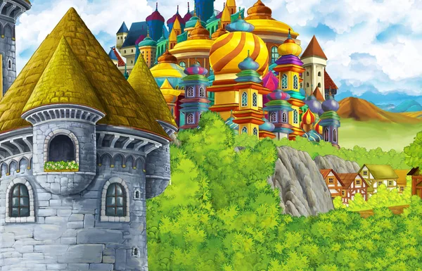 Cartoon scene with kingdom castle and mountains valley near the forest and farm village illustration for children — Stock Photo, Image