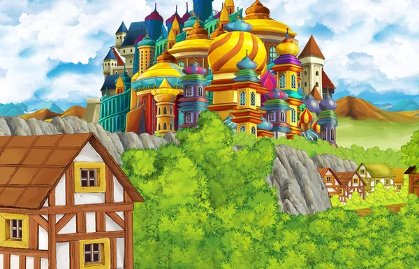 Cartoon scene with kingdom castle and mountains valley near the forest and farm village illustration for children — Stock Photo, Image