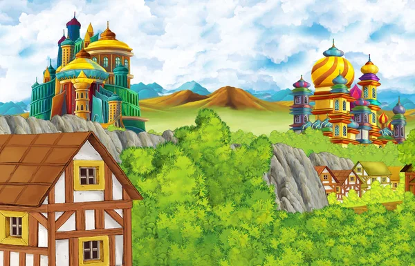 Cartoon scene with kingdom castle and mountains valley near the forest and farm village illustration for children — Stock Photo, Image