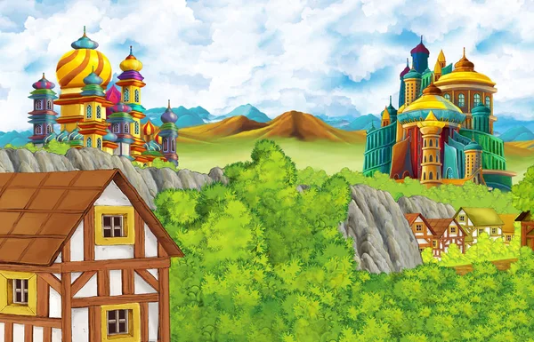 Cartoon scene with kingdom castle and mountains valley near the forest and farm village illustration for children — ストック写真