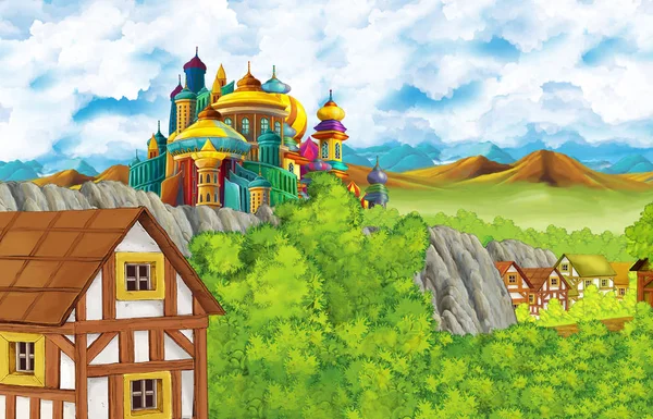 Cartoon scene with kingdom castle and mountains valley near the forest and farm village illustration for children — ストック写真