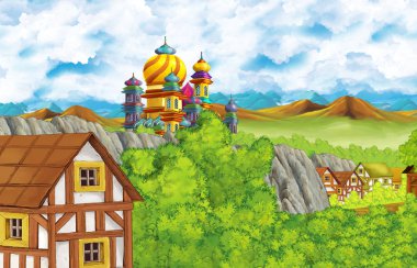 Çocuklar için orman ve çiftlik köyü yakınlarındaki krallık şatosu ve dağ vadisiyle karikatür sahnesi