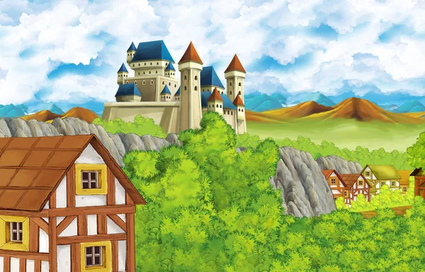 Kreslená scéna s královským hradem a horami údolí v blízkosti lesa a farmy vesnice ilustrace pro děti — Stock fotografie