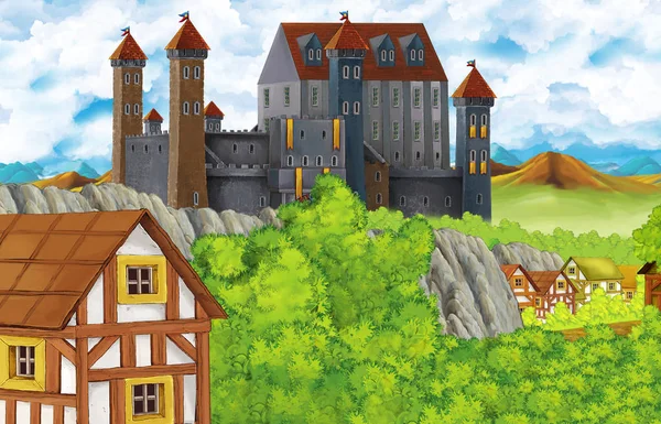 Escena de dibujos animados con reino castillo y montaña valle cerca del bosque y granja aldea ilustración para niños —  Fotos de Stock
