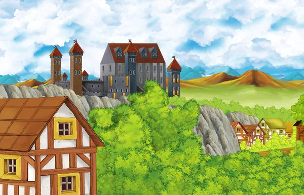 Мультяшна сцена з королівським замком та долиною гір біля лісу та фермерського села ілюстрація для дітей — стокове фото