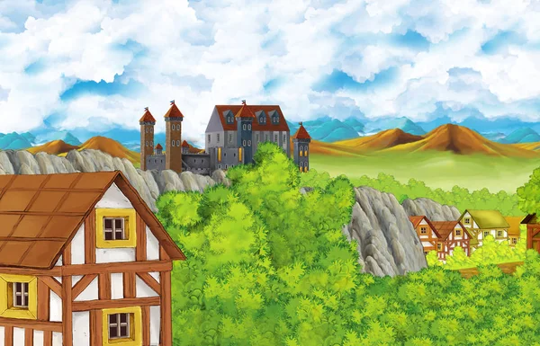 Scena kreskówek z zamku królestwa i doliny gór w pobliżu lasu i wsi rolniczej ilustracja dla dzieci — Zdjęcie stockowe