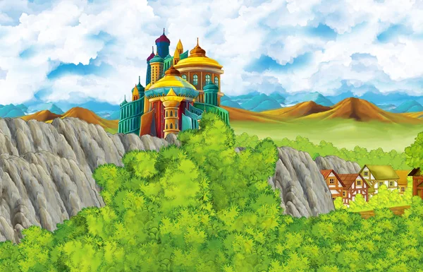 Σκηνή κινουμένων σχεδίων με κάστρο βασίλειο και τα βουνά κοιλάδα κοντά στο δάσος και αγρόκτημα εικονογράφηση χωριό για τα παιδιά — Φωτογραφία Αρχείου