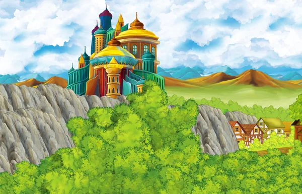 Cartoon scene met koninkrijk kasteel en bergen vallei in de buurt van het bos en boerderij dorp illustratie voor kinderen — Stockfoto