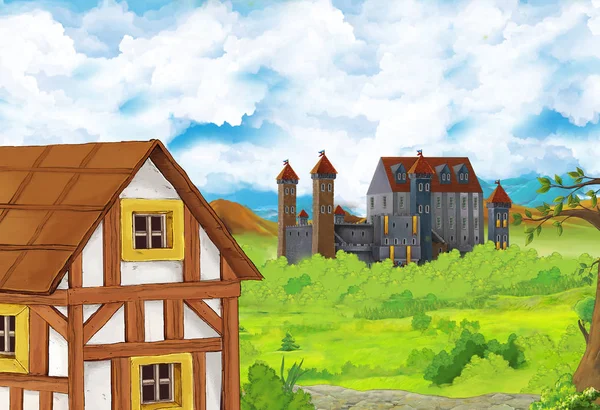 Dibujos animados escena de la naturaleza con hermoso castillo cerca del bosque - ilustración para los niños —  Fotos de Stock