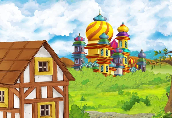 Cartoon-Naturszene mit schöner Burg am Waldrand - Illustration für die Kinder — Stockfoto