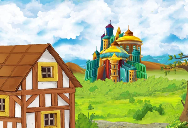 Cartoon-Naturszene mit schöner Burg am Waldrand - Illustration für die Kinder — Stockfoto