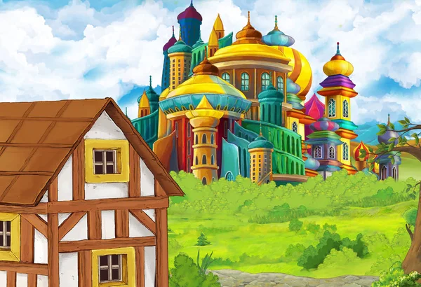 Dessin animé scène de nature avec beau château près de la forêt - illustration pour les enfants — Photo