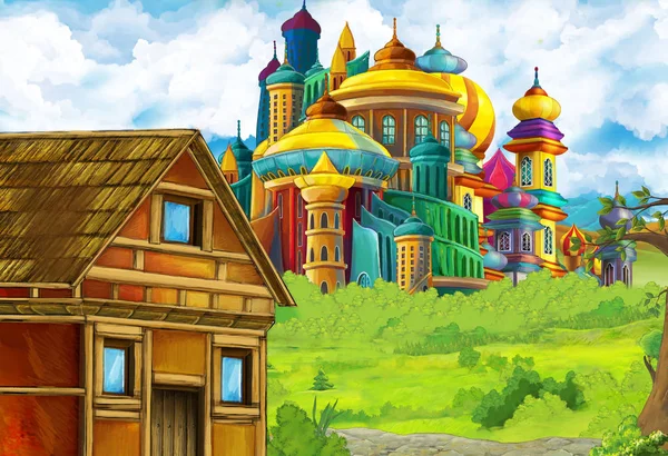 Tegneserie naturscene med vakkert slott nær skogen - illustrasjon for barna – stockfoto