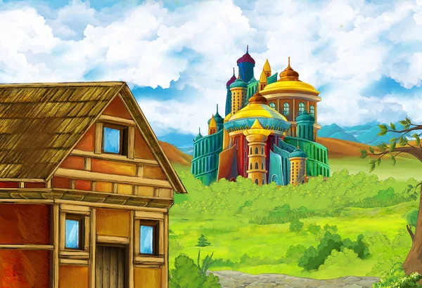 Dibujos animados escena de la naturaleza con hermoso castillo cerca del bosque - ilustración para los niños — Foto de Stock
