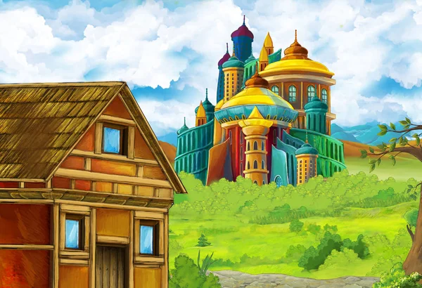 Cena da natureza dos desenhos animados com belo castelo perto da floresta - ilustração para as crianças — Fotografia de Stock