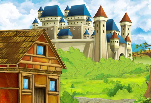 Cartoon nature scene with beautiful castle near the forest - illustration for the children — Stock Photo, Image