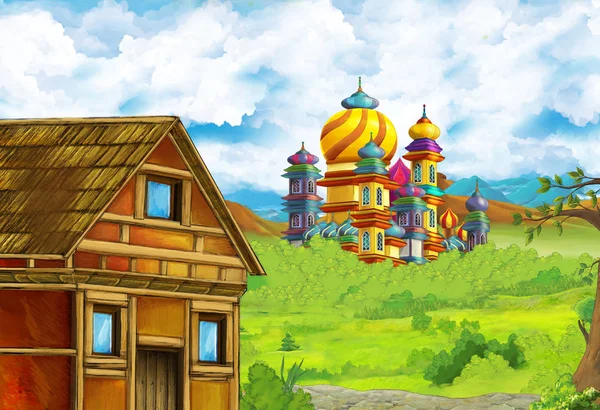 Cartoon nature scene with beautiful castle near the forest - illustration for the children — Stock Photo, Image