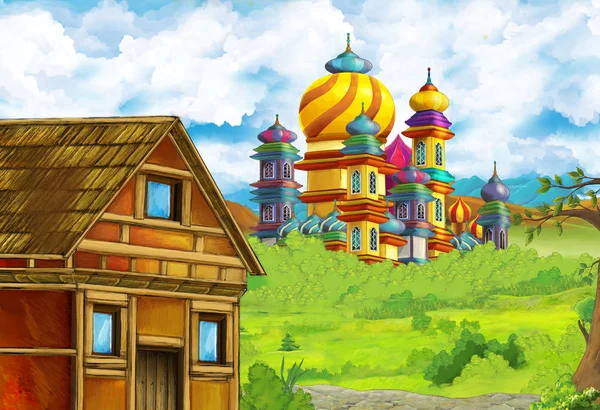 Cartoon nature scene with beautiful castle near the forest - illustration for the children — Stock Photo, Image