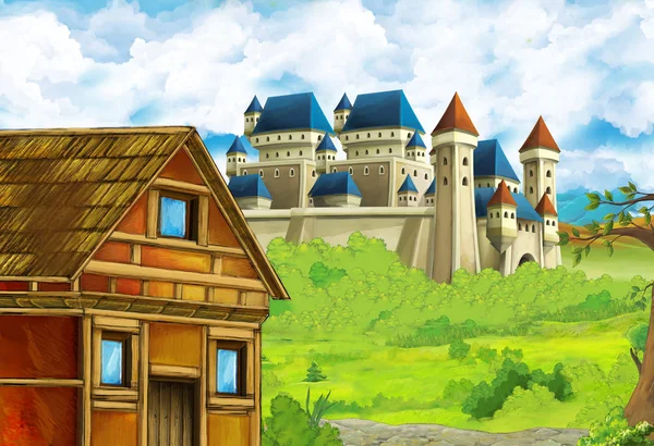 Scena di natura dei cartoni animati con bellissimo castello vicino alla foresta - illustrazione per i bambini — Foto Stock
