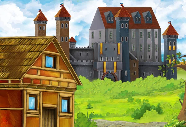 Kreskówkowa scena natury z pięknym zamkiem w pobliżu lasu - ilustracja dla dzieci — Zdjęcie stockowe