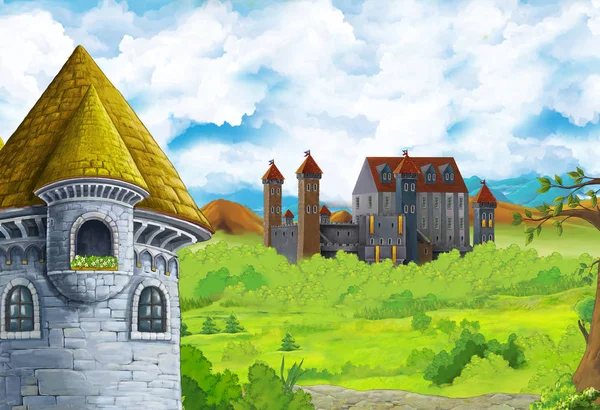 Cartoon-Naturszene mit schöner Burg am Waldrand - Illustration für die Kinder — Stockfoto